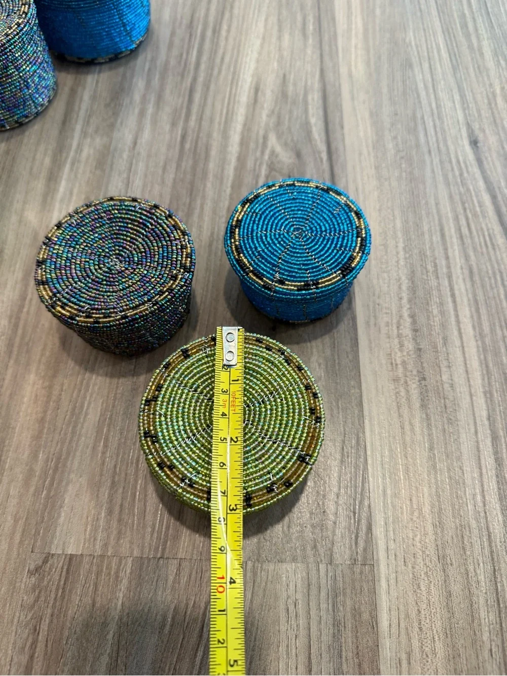 Handwoven Beaded Round Storage Boxes Set - Blue, Green & Multicolor